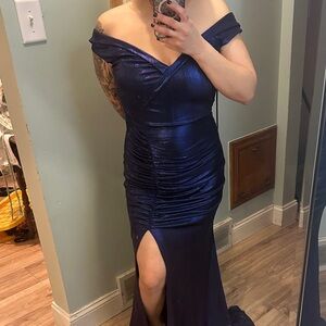 Windsor Off-Shoulder Metallic Blue Prom Dress
